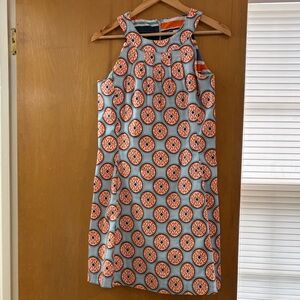 Sleeveless Light Blue & Orange Patterned Midi Dress